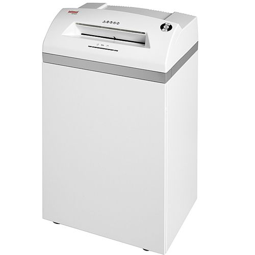 Front view of the Intimus 120 CP5 Micro Cut Paper Shredder, a sleek white office shredder designed for high-security document destruction.