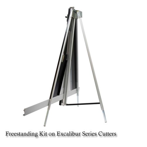 A freestanding kit designed for use with Keencut SteelTrak 65", Excalibur 1000X, Excalibur 3S, and 5000 cutters, featuring a sturdy aluminum tripod structure supporting the cutting tool.