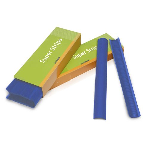 Blue Lapis 11" Narrow Powis Parker Fastback Super Strips are displayed alongside their green and yellow packaging, showcasing their flexible, textured binding material.