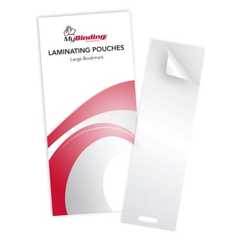 Clear 2-3/8" x 8-1/2" Large Bookmark Pouches with Short Side Slot, ideal for laminating and protecting bookmarks, shown with packaging.