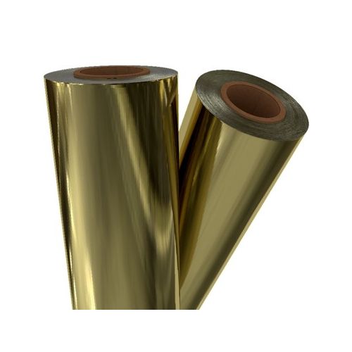 Two rolls of Light Gold Metallic 12" x 100' Laminating / Toner Fusing Foil with a reflective and shiny surface.