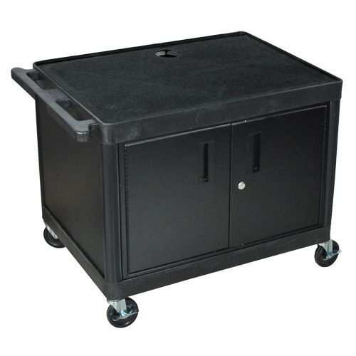 A Luxor Endura 27" High Black 2-Shelf A/V Utility Cart with Cabinet, featuring a durable black frame, lockable doors, and swivel casters for mobility.