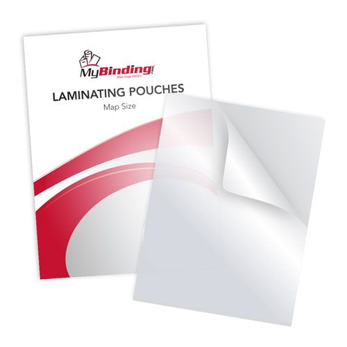 A close-up image of "Map Size Laminating Pouches" showcasing the clear, durable plastic pouches designed for protecting large maps.
