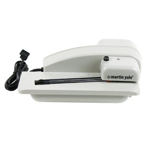 The Martin Yale 1628 Desktop Electric Letter Opener, designed for efficient and effortless envelope opening with a compact, user-friendly design.