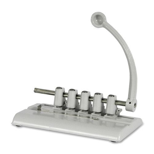 A white, manual hole punch device with a curved handle, identified as the Master 525M Hole Punch by Martin Yale, featuring multiple punch heads and a sturdy base for creating clean, precise holes in paper.