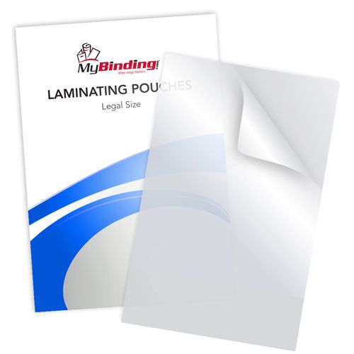 A close-up image of a stack of Matte Matte Legal Size Laminating Pouches with a smooth, professional finish.