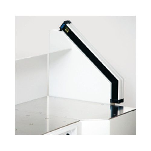 A close-up view of the side table attachment designed for use with Triumph 4815, 4850, 4860, 5255, 5260, 6655, and 6660 paper cutters, showcasing its sleek metal design and angular structure.