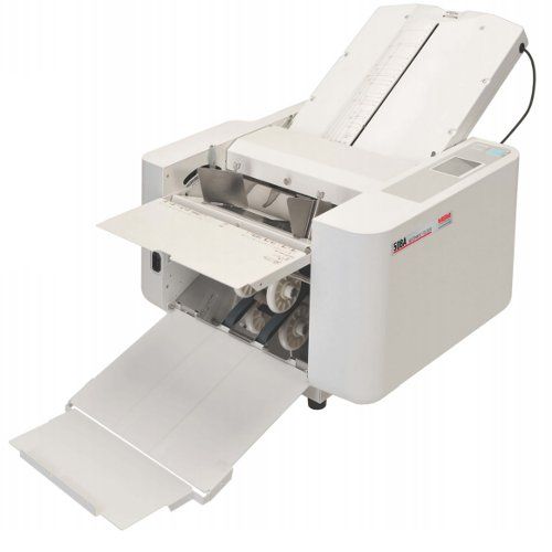 MBM 508A Automatic Programmable Tabletop Paper Folder with an open feed tray, designed for efficient, high-speed paper folding.