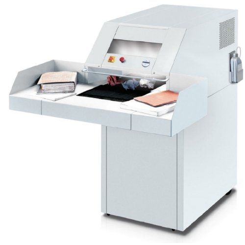 An MBM Destroyit 4108 Level P-2 High Capacity Strip-Cut Paper Shredder designed for efficient shredding of large volumes of paper, featuring a wide feed table and high-performance capabilities.