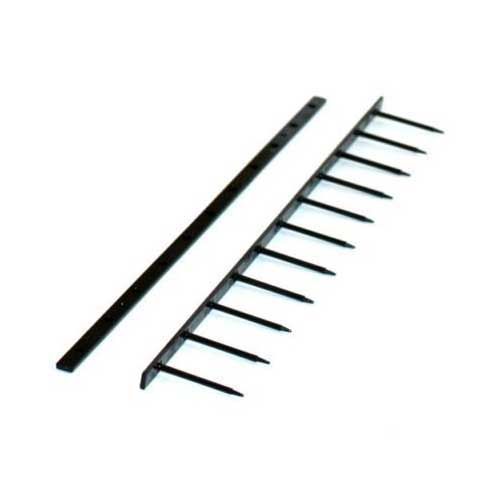 Two components of Navy 3" x 11" Velobind Compatible Hot Knife Binding Strips are displayed, featuring a top strip with long, evenly spaced prongs and a bottom strip with pre-punched holes, designed for secure and professional document binding using a hot 