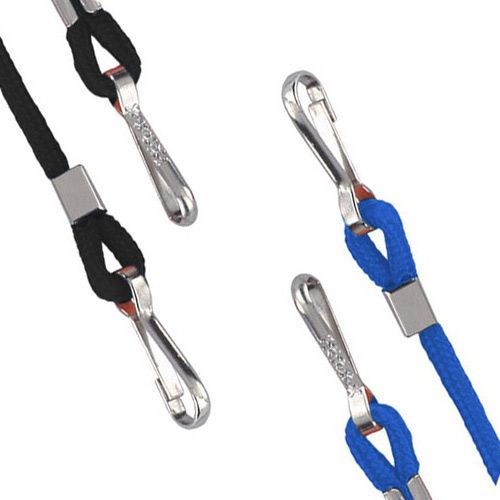 A Nylon Cord with two NPS Hooks, one black and one blue, with metal clasps at the ends, showing the texture of the cord and the shiny hooks.