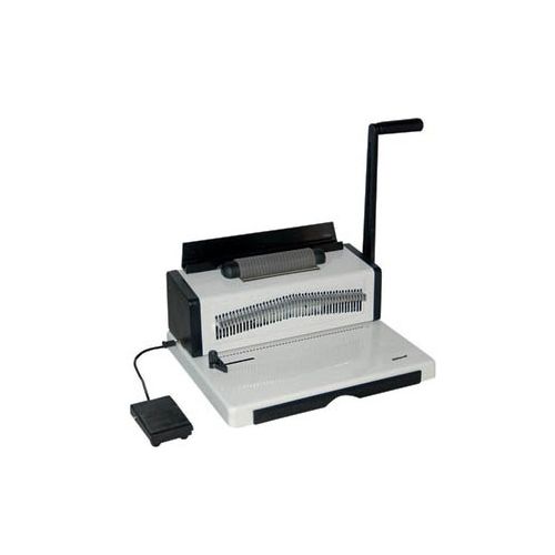 Tamerica Optimus-46i 4:1 Pitch Coil Binding Machine with a foot pedal and manual lever.