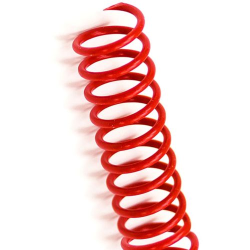 A close-up of a Red 4:1 Pitch Plastic Spiral Binding Coil, showcasing its tightly wound, durable design.