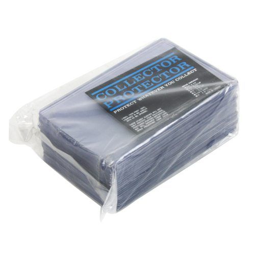 A stack of transparent Print Protector Display Sleeves wrapped in plastic, with a visible black and blue label detailing product specifications.