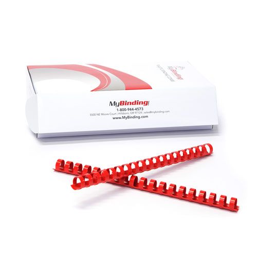 Showing four 1-1/8" red plastic binding combs aligned horizontally against a white background.