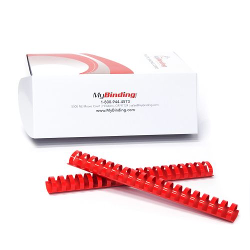 A box of 1-1/2" Red Plastic Binding Combs with several combs displayed in front.