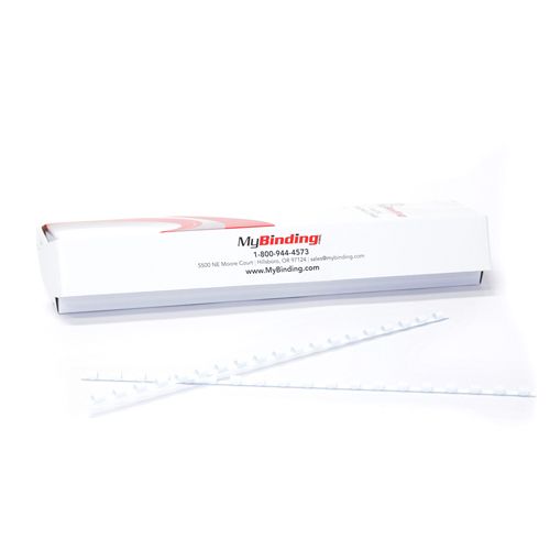 Box of 3/16" White Plastic Binding Combs with two combs shown in front of the packaging.