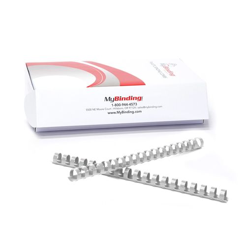 Grey Plastic Binding Combs in packaging with two combs displayed in front.