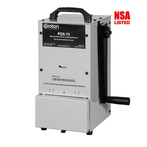 The Proton PDS-75 Manual Hard Drive Crusher, a high-security, NSA-listed device designed for physically destroying hard drives.