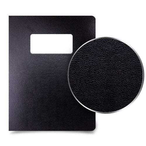 Black 8.75" x 11.25" Regency Leatherette Vinyl Covers [Unpunched, W/ Window] - A textured black cover with a rectangular label window, designed for professional binding and document protection.