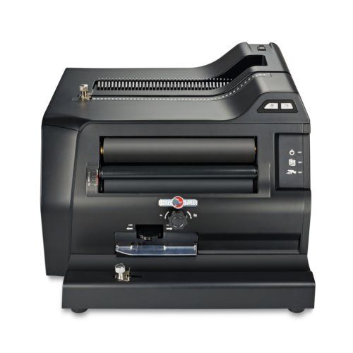 A Rhin-O-Tuff 3000 Desktop Electric Coil Binding Machine, featuring a compact, black design with a coil binding mechanism and control buttons on the side.