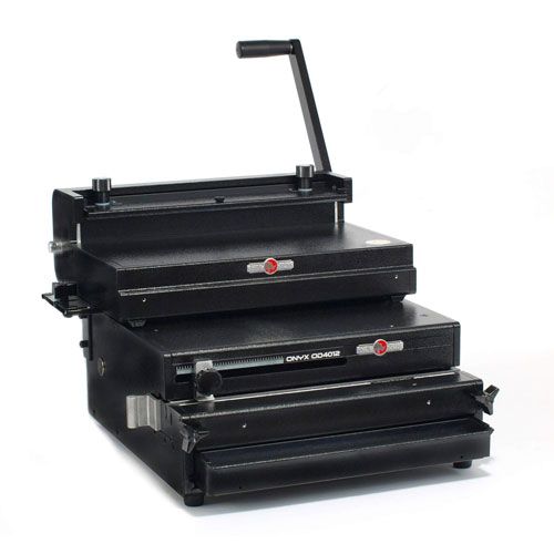 The Rhin-O-Tuff 4012W3 Medium Duty Electric 3:1 Wire Binding System, featuring a robust and compact design with a black finish, a manual lever, and multiple slots for wire binding tasks.