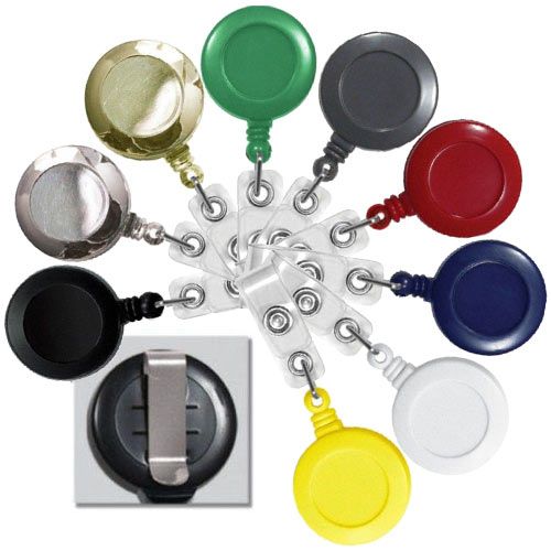 A collection of Round Badge Reels with Belt Clips in various colors, including black, white, red, blue, green, yellow, gold, and silver, displayed in a circular arrangement with a close-up of the belt clip detail inset.