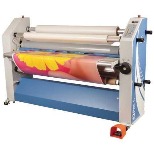 SEAL 62 Pro S 61" Wide Format Heat Assist Roll Laminator in action, applying lamination to a colorful printed sheet.