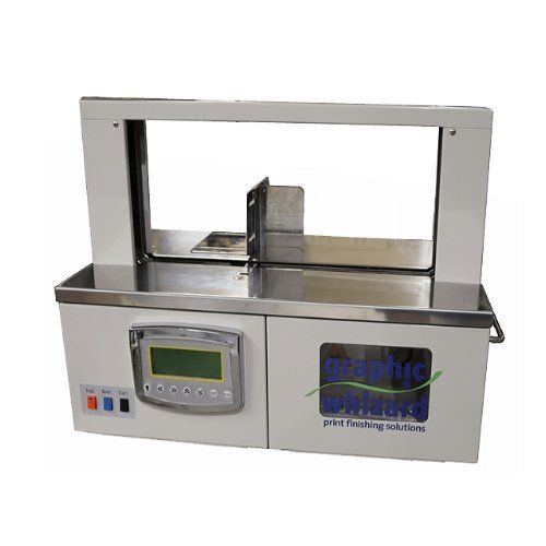 Graphic Whizard SP Bander Banding Machine and Accessories shown with a stainless steel body, a digital control panel, and an open banding area for securing materials.