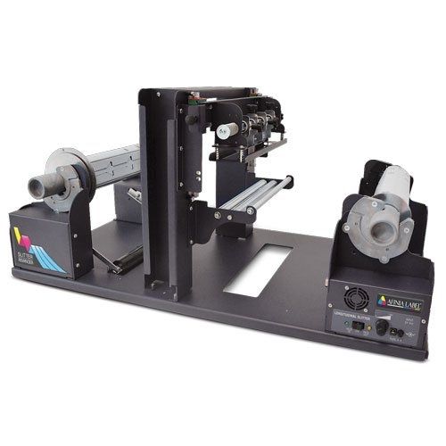 Afinia Label SR-100 label slitter/rewinder for L801 printer featuring a sturdy black chassis with dual spools and adjustable slitting mechanisms for efficient label processing.