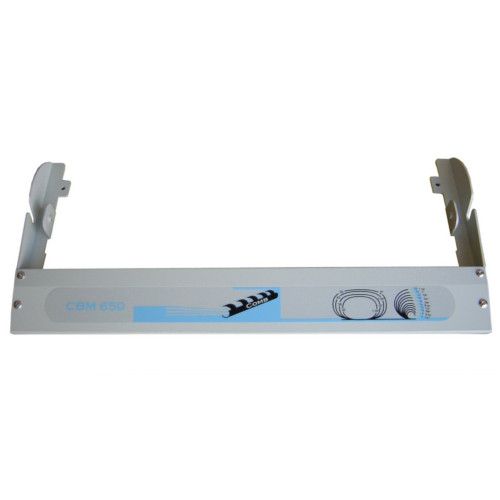 A stand for Akiles CBM650 Modular Plastic Comb Opener, featuring a light gray and blue design with mounting brackets.