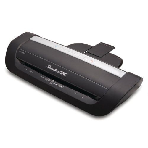 The Swingline GBC Fusion 7000L 12" Thermal Pouch Laminator, featuring a sleek black design with control buttons on the front panel.