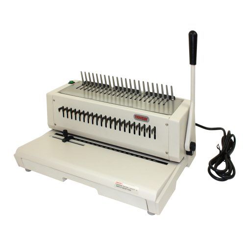 Tamerica 210EPB Electric Plastic Comb Binding Machine with a sleek white body, metal comb bindings, and a black handle for manual operation.