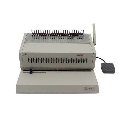 A Tamerica 240EPB Heavy Duty Electric Comb Binding Machine, featuring a gray rectangular design with a comb binding mechanism on top, a manual lever on the side, and a foot pedal attached for hands-free operation.