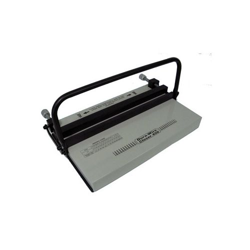 The Tamerica DuraWire 450 Manual Twin Loop Wire Closer, a durable manual binding machine, featuring a sleek gray base with a black handlebar, designed for efficiently closing twin loop wires on documents.
