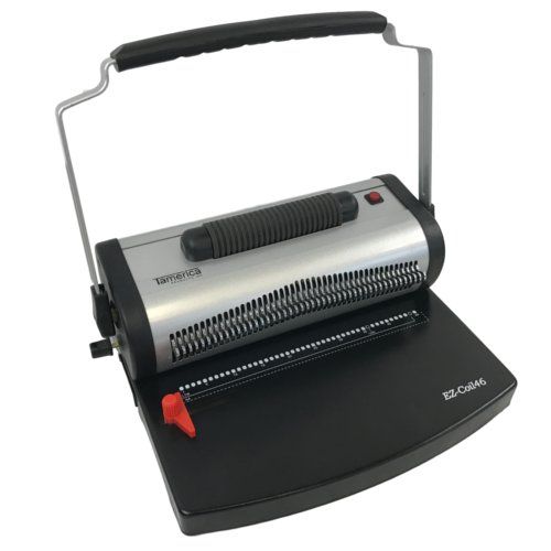 Tamerica EZ-Coil 46 Manual 4:1 Coil Punch and Bind Machine with a sturdy handle and sleek black and silver design.