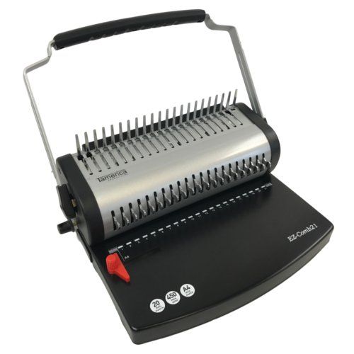 A Tamerica EZ-Comb 21 Manual Comb Punch and Bind Machine, featuring a sleek design with a black and silver color scheme, a sturdy handle for manual operation, and multiple slots for binding documents.