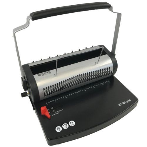 The Tamerica EZ-Wire 34 Manual 3:1 Wire Punch and Bind Machine, featuring a sturdy black base with a silver punching mechanism and a handle for manual operation.