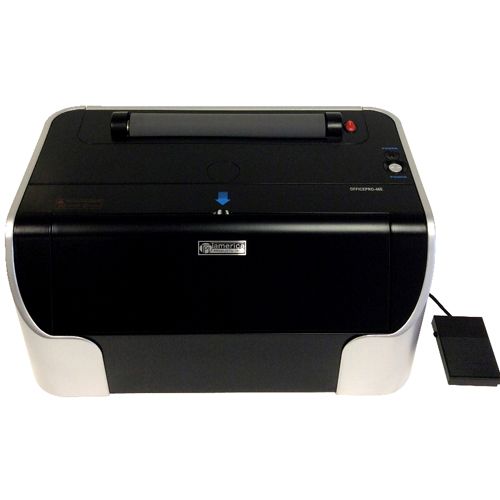 The Tamerica OfficePro-46Ei 4:1 Pitch Electric Coil Binding Machine, shown from a front angle, with its sleek black and silver design.