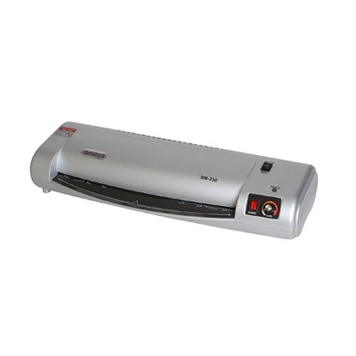 The Tamerica / Tashin SM330 13" Pouch Laminator, a sleek silver office laminating machine designed for efficiently sealing documents.