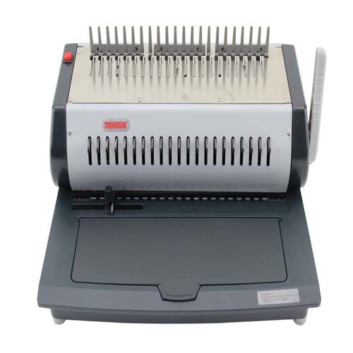 The Tamerica TCC2100E Electric Plastic Comb Binding Machine, featuring its compact design with metal combs on the top and a wide base for secure document binding.