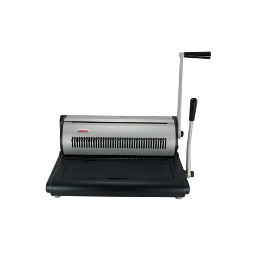 A Tamerica TW2100 2:1 Pitch Twin Loop Wire Binding Machine with a manual handle, designed for binding documents with precision.