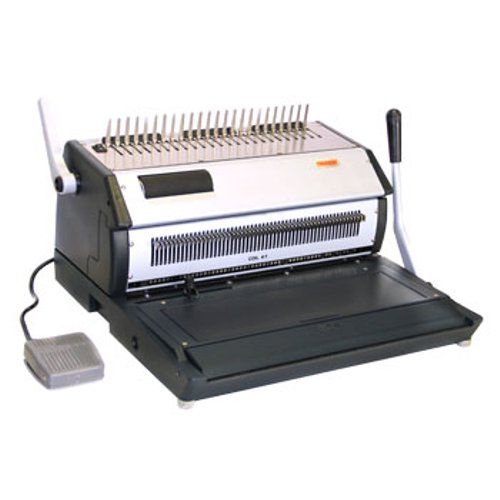 A Tamerica Versabind-Ei 4-in-1 Electric Punch and Manual Binder, showcasing its binding combs, handle, and foot pedal.