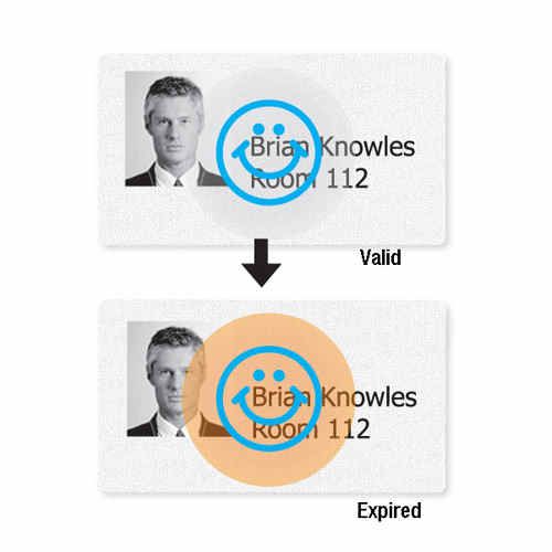 Thermal-Printable Expiring School Badge - Blank features two badge designs, with the top displaying a photo of a student alongside a blue smiley face badge icon labeled "Valid," and the bottom showing the same photo with an orange overlay marked "Expired.