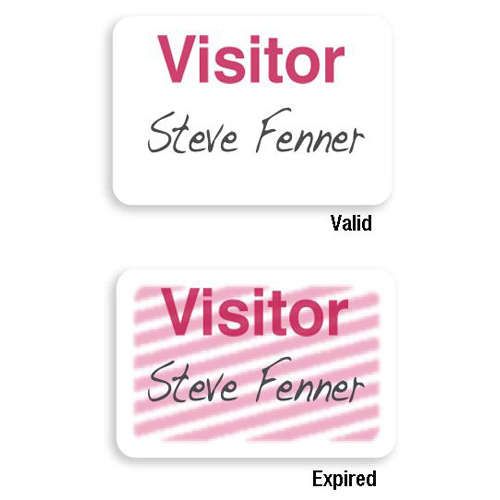 TIMEbadge Expiring One Day Visitor Badge FRONTpart - 12 up displays a sheet containing twelve badges, each marked with the word "Visitor" in bold pink letters above the name "Steve Fenner," with the top row labeled "Valid" and the bottom row showing a pin
