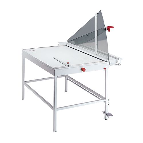 MBM Triumph 1110 43.25" Free-Standing Paper Cutter with a sturdy metal frame and angled safety shield for precision cutting.