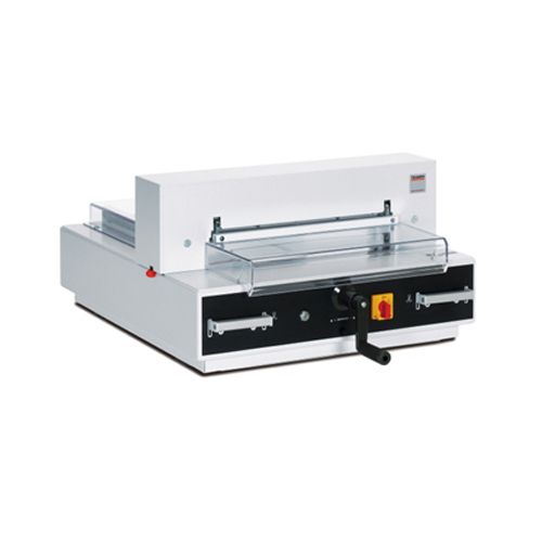 Triumph 4350 16.875" Electric Paper Cutter With Digital Display featuring a compact design, safety shield, and manual lever for precision cutting.