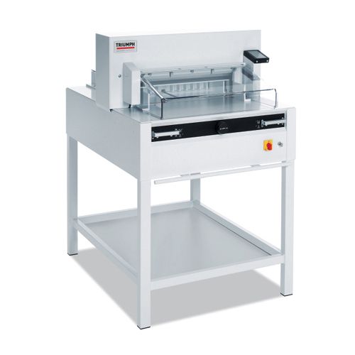 A Triumph 5255 20.375" Electric Programmable Paper Cutter, featuring a sleek design with a digital control panel and sturdy metal stand.