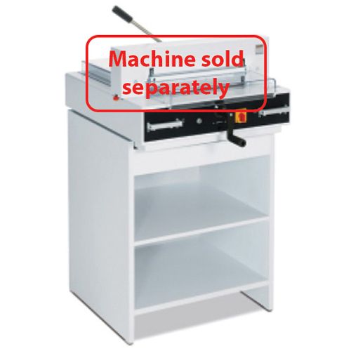 MBM Triumph Cabinet for 4205, 4215, 4250, 4300, 4305, 4315, and 4350 Cutters, featuring a white storage cabinet with two open shelves and a mounted cutting machine labeled "Machine sold separately".