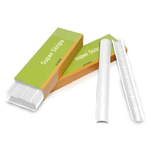Packaging and individual pieces of White 11" Fastback Super Strips displayed with a green and orange box on a white background.